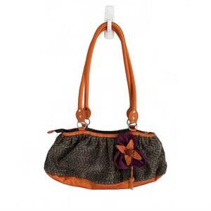 Concubine Hand Made Brown Tweed & Orange Satin Handbag with Flower Detail